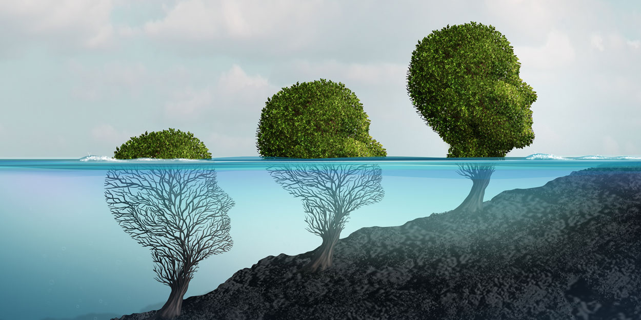 Illustration of human heads as trees showing therapy journey